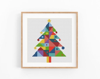 Christmas Tree Cross Stitch Pattern, Modern Geometric X-Stitch Chart, Holiday Decor Design, Instant Download PDF