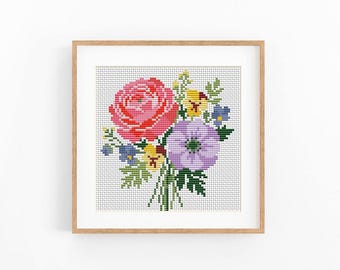 Rose, Anemone, Pansy Bouquet Cross Stitch Pattern, Floral Xstitch Chart, Colorful Flower Wall Art PDF