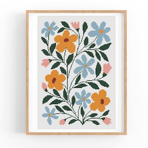Kruissteekpatroon modern bloemen abstract, moderne bloemen, eenvoudig x-steekpatroon, kruissteekkaart, natuurpatroon, pdf direct downloaden
