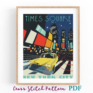 Patrón de punto de cruz. Times Square. Nueva York. Póster de viaje moderno de EE. UU. Gráfico de punto de cruz. Póster retro. Descarga instantánea en PDF.