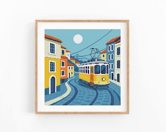 Lisboa Portugal Tram Cross Stitch Pattern: European Cityscape Landscape Chart (PDF Download)