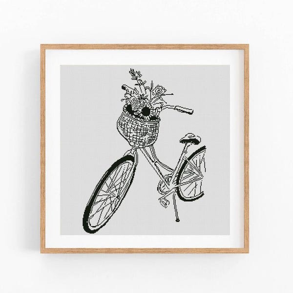 Patrón de punto de cruz de bicicleta, flor, arte, monocromo, patrón de punto de cruz de un solo color, diseño moderno de punto de cruz, descarga instantánea en PDF