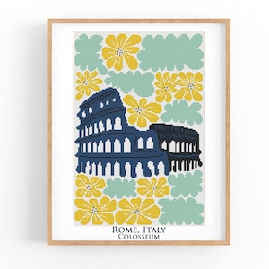 Puede incluir: Un patrón de punto de cruz con el Coliseo de Roma, Italia, rodeado de flores amarillas sobre un fondo azul y verde.