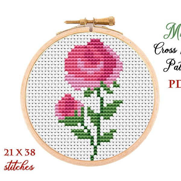 Mini modèle de point de croix. Rose. Grille au point de croix compté. Broderie d'art de cerceau de fleurs. Petit xstitch pour débutant. PDF à télécharger instantanément