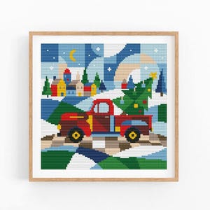 Patrón de punto de cruz de camión navideño, gráfico de pueblo invernal, bordado de diseño de camioneta patchwork, diseño moderno, descarga instantánea en PDF.
