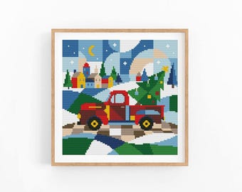 Christmas Truck Cross Stitch Pattern, Winter Village Chart, Patchwork Pickup Design Embroidery, Modern design, Instant Download PDF
