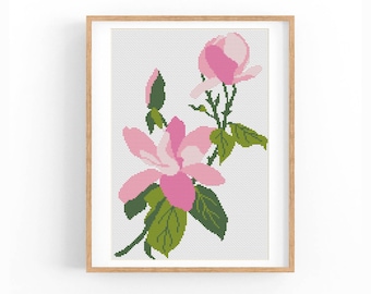 Modern Floral Cross Stitch Pattern. Flower, Magnolia Counted cross stitch chart. Nature  embroidery. Small xstitch. Instant download PDF