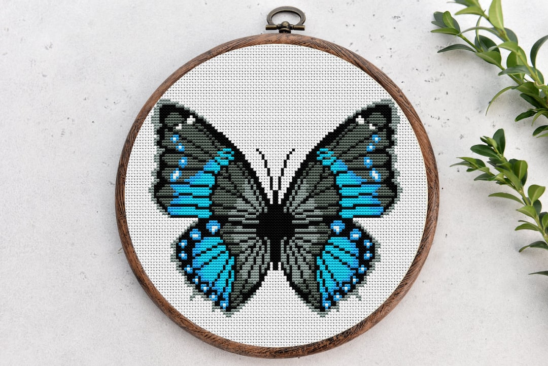 クロスステッチ パターン、青い蝶、昆虫、自然のクロスステッチ