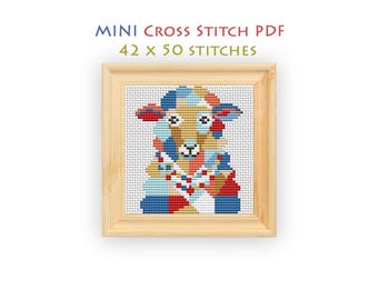 Modern Sheep Cross Stitch Pattern, Mini Chart for Beginners, Patchwork Face Chart, Instant Download PDF