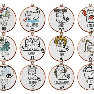 Set of 12 Cat Zodiac sign cross stitch pattern. Astrological sign embroidery. Zodiac symbol.Cats counted cross-stitch. Instant download PDF.