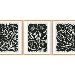 Set van 3 moderne zwarte kruissteekpatronen, kruissteek bloemen abstracte natuur, plant, getelde kruissteekkaart. Pdf direct downloaden