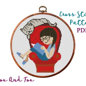Meisje en kat. Modern kruissteekpatroon. Getelde kruissteekkaart. Voor kinderen kruissteek. Kitten Hoop Art Xstitch. PDF direct downloaden