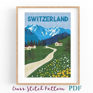 Kreuzstichmuster Schweiz. Retro Reiseposter. Kreuzstichvorlage. Gebirgslandschaft. PDF Instant Download.