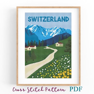 Cross Stitch Pattern Switzerland. Retro Travel Poster. Counted Cross Stitch Chart. Mountains Landscape. PDF Instant Download.Point de croix.