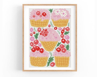 Cranberry Cupcakes Cross Stitch Pattern, Kitchen Decor Chart, Food Xstitch Design, Instant Download PDF
