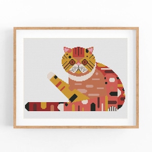 Kruissteekpatroon, abstracte kat, bloemen, levendig modern x-stitchpatroon, kruissteektabel, cadeaupatroon kattenliefhebber, instant download pdf