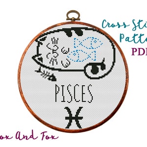 Zodíaco del gato. Piscis. Patrón de punto de cruz moderno. Gráfico de punto de cruz contado.Bordado de aro.Signo de nacimiento de astrología, gatito.Descarga instantánea en PDF