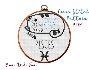 Cat Zodiac. Pisces. Modern Cross Stitch Pattern. Counted cross stitch chart.Hoop embroidery.Astrology birth sign, kitty.Instant download PDF