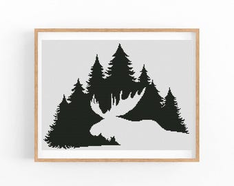 Pine Forest Cross Stitch Pattern, Antler Silhouette Monochrome Chart, Wildlife Landscape Wall Art, Beginner Friendly, Instant Download PDF