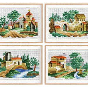 Set von 4 Vintage Kreuzstich Muster, antikes Kreuzstich Design, Mini Haus, Mühle, antikes Kreuzstichmuster, sofort download PDF