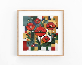 Poppy Flowers Cross Stitch Pattern, Abstract Geometric Art, Instant Download PDF