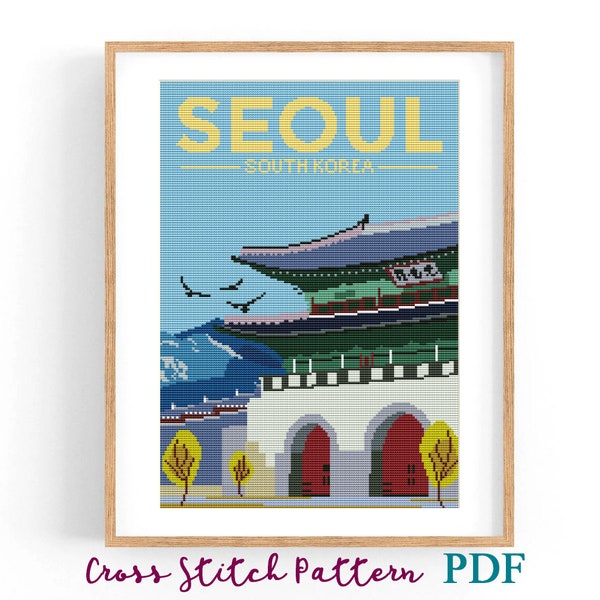 Cross Stitch Pattern Seoul South Korea. Retro Travel Poster. Counted Cross Stitch Chart Nature. Art Asia Landscape. PDF Instant Download.