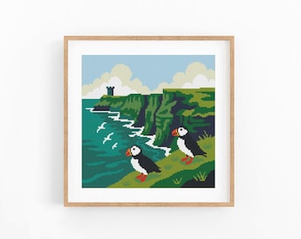 Puffin bird, cliffs Moher, Ireland Cross Stitch Pattern: Seascape Chart (PDF Download)