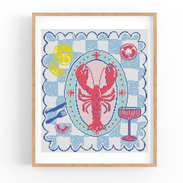 Sea Food Cross Stitch Pattern PDF, Retro cross stitch, Lobster Wall Art Embroidery Design, Modern Cross Stitch Chart, Instant Download PDF