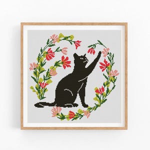 Zwarte kat bloemenkrans kruissteekpatroon, modern x-stitchpatroon, kruissteekkaart, kattenliefhebber cadeaupatroon, Instant Download PDF