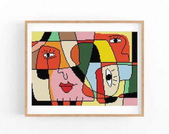 Abstract Face Cross Stitch Pattern PDF, Cubist Portrait Modern Art Embroidery, 15 DMC Colors, Digital File, Instant Download