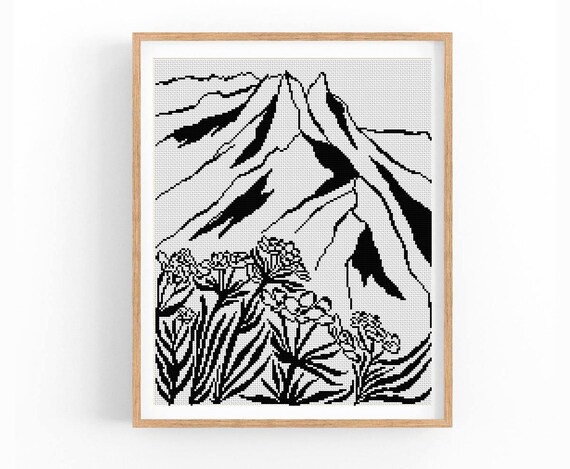 Contemporary Cross Stitch Pattern, Landscape interior minimal aesthetic, One color, Monochrome Counted XStitch Chart, PDF Instant Download