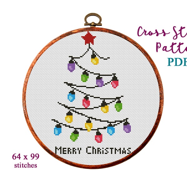 Merry Christmas Cross Stitch Pattern, Modern Cross Stitch Pattern, Holidays Cross Stitch Pattern,Christmas Lights Tree, Instant Download PDF