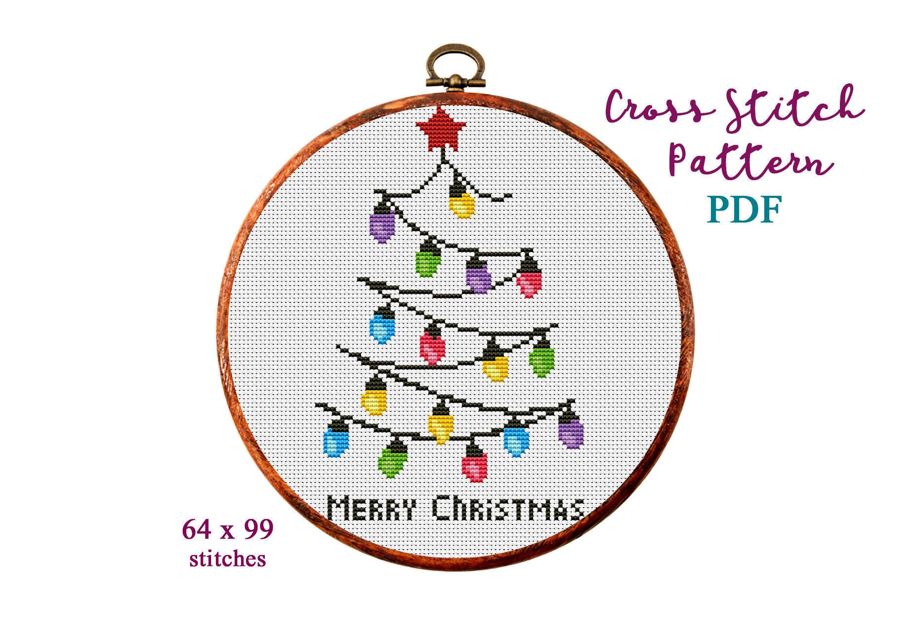 Merry Christmas Cross Stitch Pattern, Modern Cross Stitch Pattern, Holidays Cross Stitch Pattern,Christmas Lights Tree, Instant Download PDF