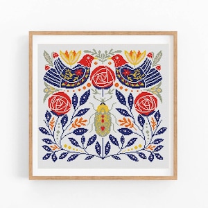 Scandinavian cross stitch pattern Nordic cross stitch Folk Art embroidery ornament Flower birds Modern cross stitch home decor Instant PDF