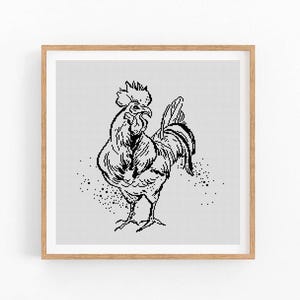 Padrão de ponto cruz de galo abstrato moderno, gráfico de ponto x de galo e galinha monocromático, uma cor, padrão de natureza de fazenda, download instantâneo em PDF