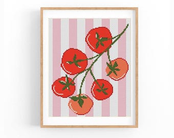 Modern Tomato Cross Stitch Pattern, Tomato Vine Xstitch Chart, Kitchen Food Art PDF Download