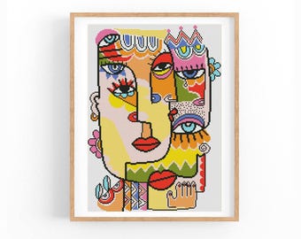 Crowned Cubist Face Cross Stitch Pattern, Colorful Portrait Chart, Modern Abstract Wall Art, Beginner Friendly, Instant Download PDF
