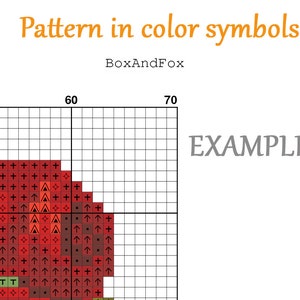 May include: A cross-stitch pattern chart with a red and green design. The chart includes the text "Pattern in color symbols" and "BoxAndFox". The word "EXAMPLE" is also visible.