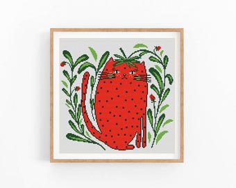 Strawberry cat Flower Plant Cross Stitch Pattern, Kitten Modern x-stitch Pattern,Cross Stitch Chart, Cat Lover Pattern, Instant Download PDF