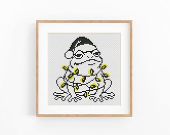 Christmas Frog Cross Stitch Pattern, Santa Hat Frog with String Lights Chart, Holiday Animal Design, Beginner Friendly, Instant Download PDF