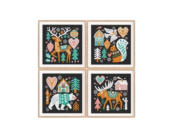 May include: Set of four cross-stitch patterns featuring winter scenes with animals and houses. The patterns are on a black background with white, red, orange, and green accents.