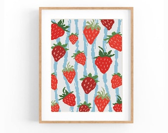 Strawberry Cross Stitch Pattern, Retro Fruit Wall Art Chart, DMC Colors, Instant Download, Digital File