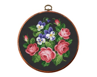 Schema punto croce fiori vintage, disegno punto croce antico, schema punto croce vittoriano, fiori ricamati, PDF scaricabile immediatamente