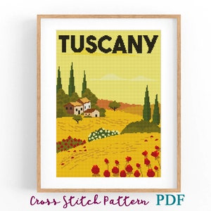 Kreuzstichvorlage Toskana. Retro Reise Poster. Kreuzstichvorlage.Kunst Italien Landschaft. Blick auf das Tal. PDF Sofort Download.