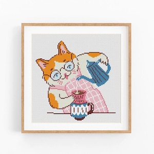 Cross stitch pattern cat. Tea coffee time cat, Modern animal cross stitch PDF. Hand embroidery. Cat lover gift. Counted cross stitch chart.
