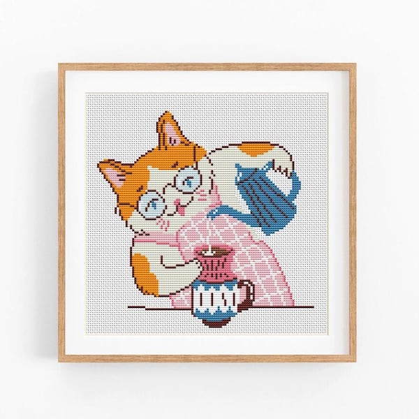Patrón de punto de cruz de gato. Gato a la hora del té y el café. Animal moderno en punto de cruz (PDF). Bordado a mano. Regalo para amantes de los gatos. Gráfico de punto de cruz contado.