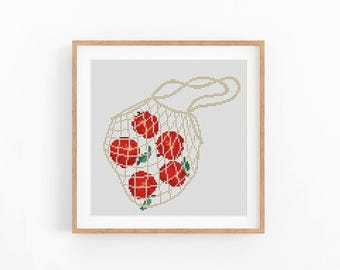 Apple Mesh Bag Cross Stitch Pattern, Modern Food Embroidery Chart, PDF Instant Download