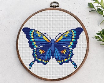Cross stitch pattern, Blue butterfly, Flying insect nature cross stitch, Hoop Art,Easy small counted cross stitch chart.Instant download PDF