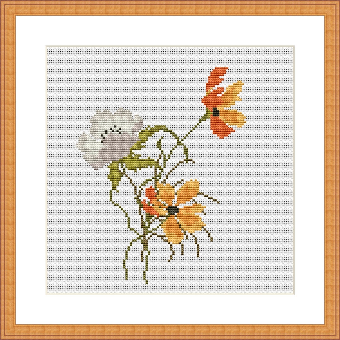 コスモスの花。モダンなクロスステッチの図案。クロスステッチチャート