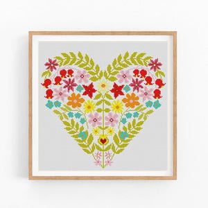 Padrão moderno de ponto cruz Flor Coração Amor, desenho de bordado para o Dia dos Namorados, gráfico de ponto cruz, ponto cruz para iniciantes, download instantâneo em PDF.